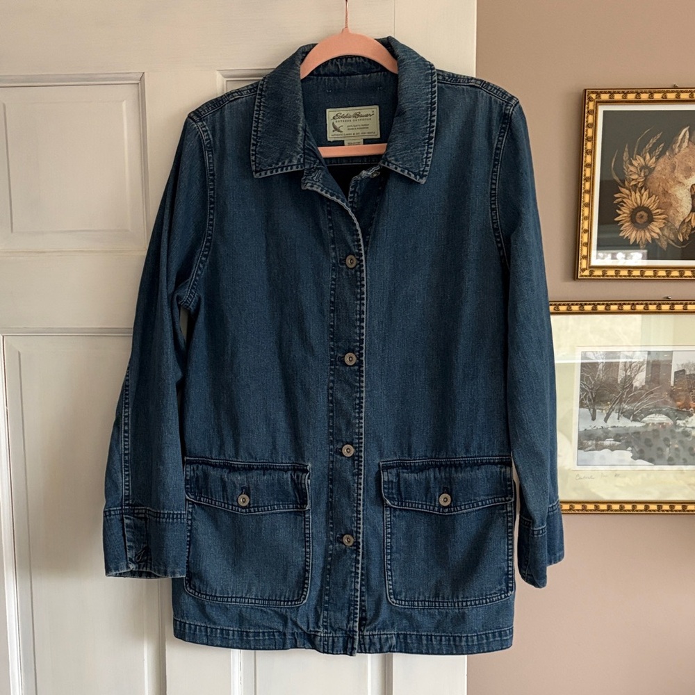 Eddie Bauer Denim Jacket with Embroidered Needlepoint of Springtime Scene - Picture 5 of 9